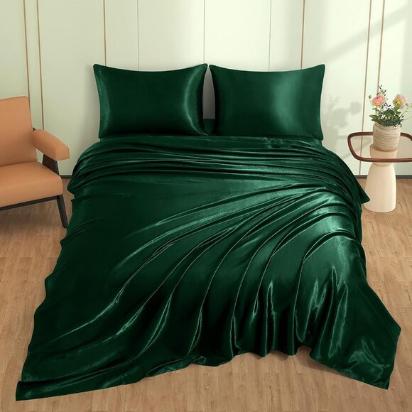4pcs Emerald Green Satin Sheets King, Queen or Full Size Bed Set, 15 Inch Deep - Picture 1 of 6